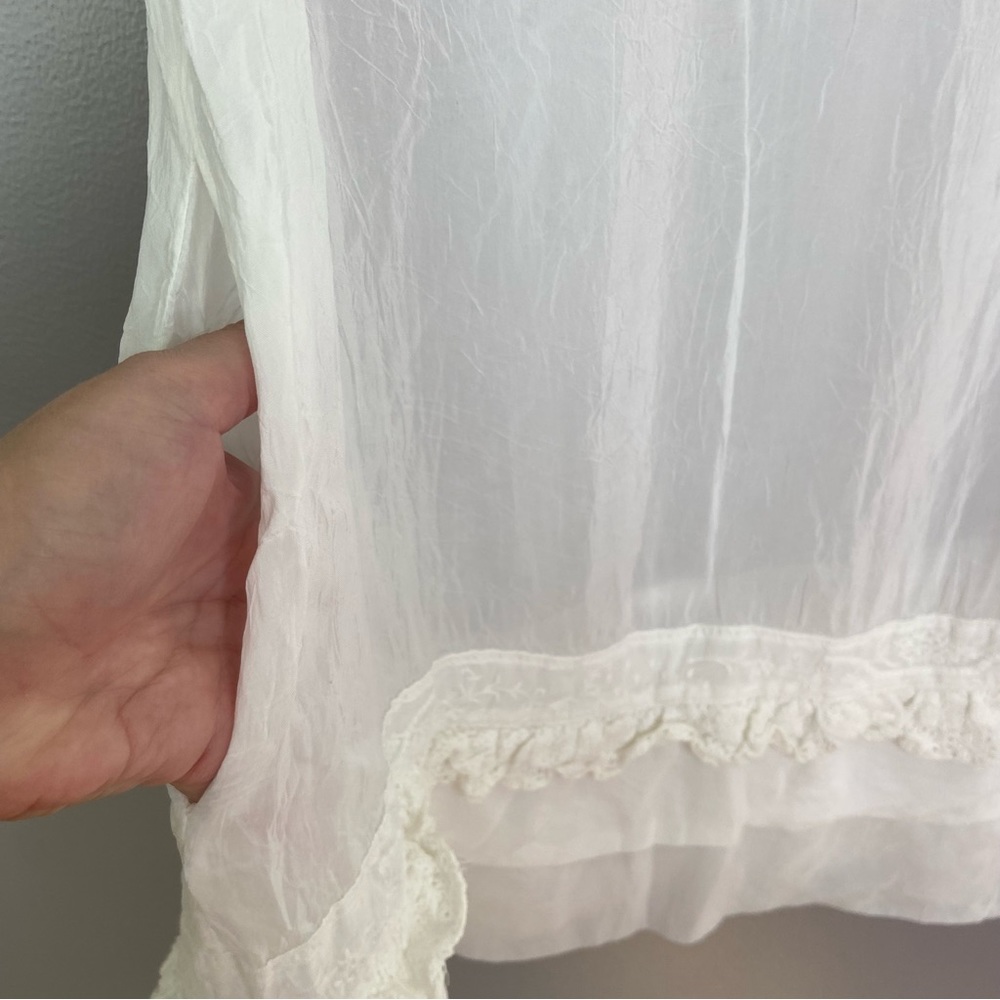 Johnny Was White Blouse Semi-Sheer Crochet Lace Short Sleeves Buttons Size Large - Picture 6 of 14